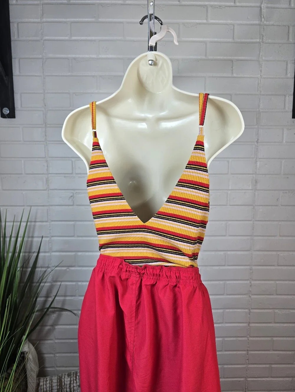 Astr Striped Spaghetti Strap Bodysuit Yellow Red Black Cream Large